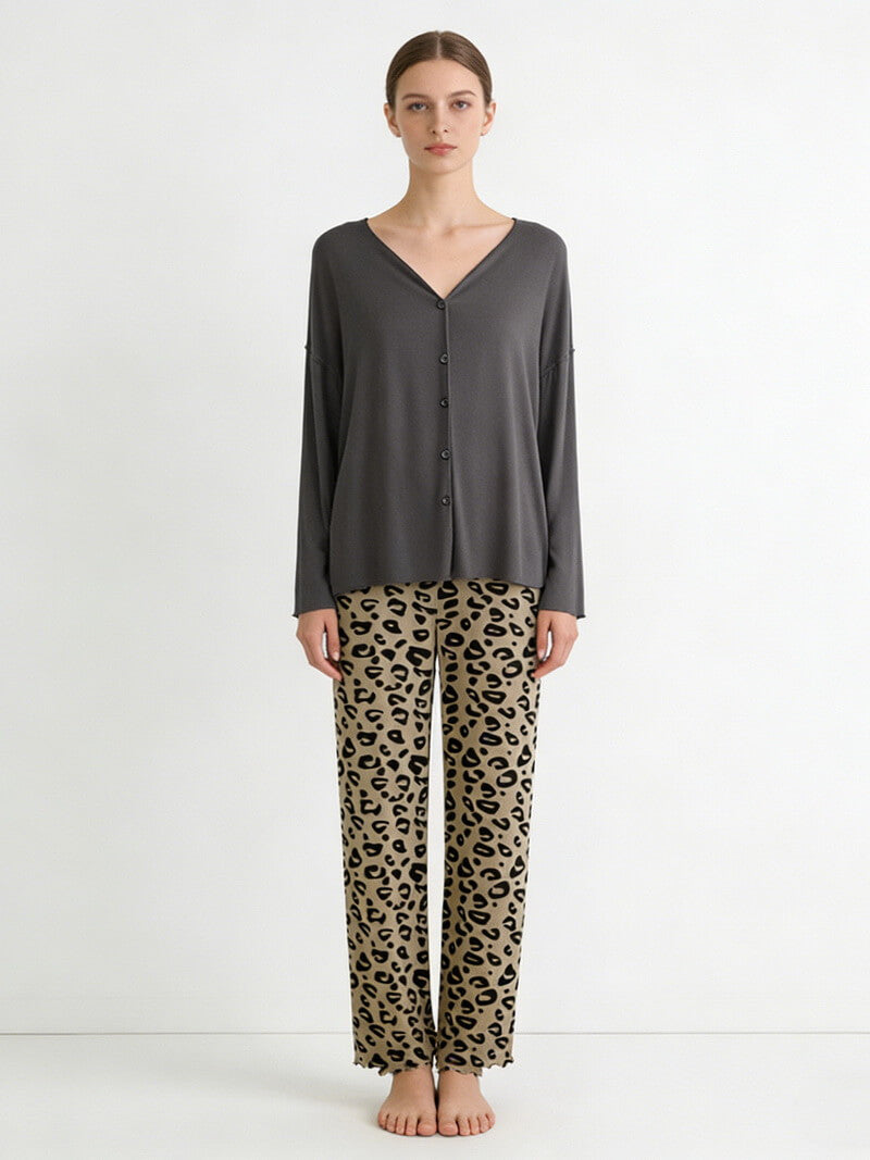 NURO Women's Leopard Print Modal Loungewear Set, Long Sleeve V-Neck Sleepwear, Trendy Comfortable Pajamas for Spring and Fall