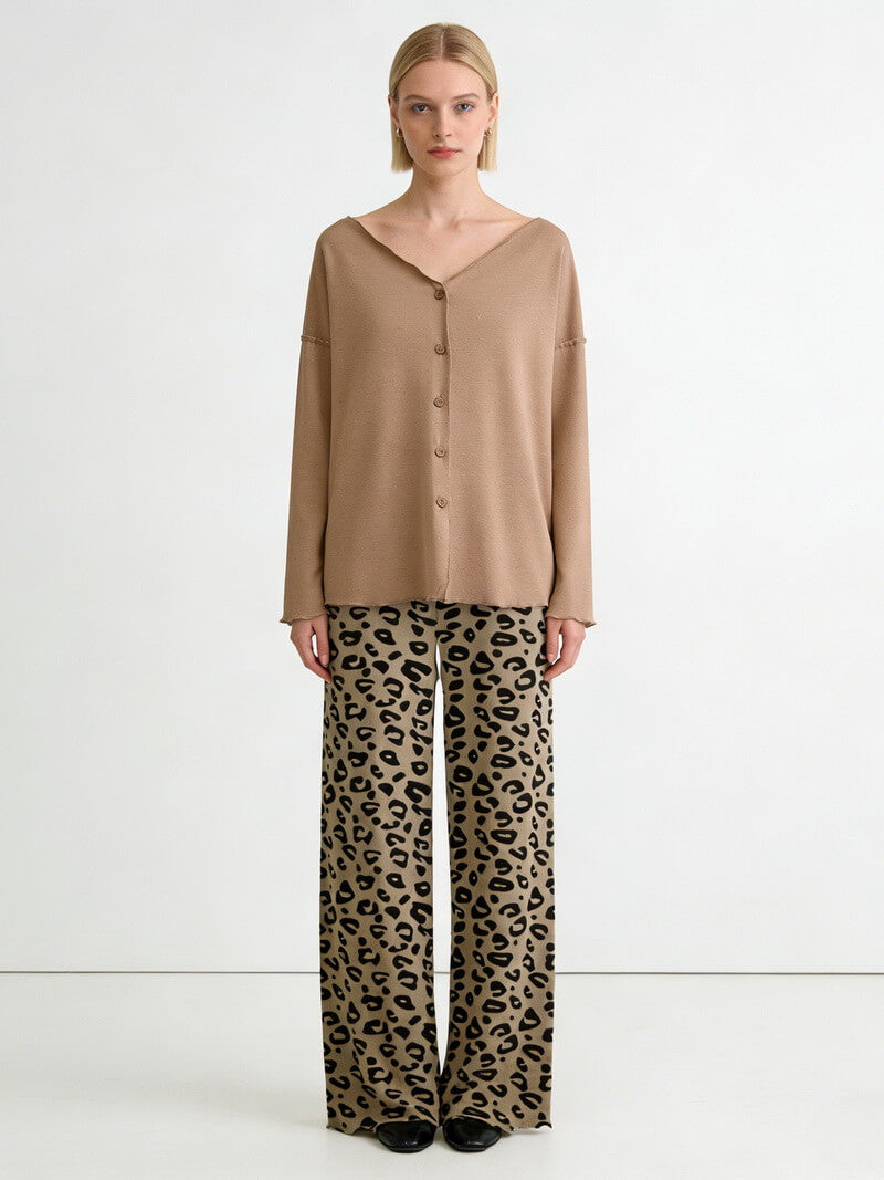 NURO Women's Leopard Print Modal Loungewear Set, Long Sleeve V-Neck Sleepwear, Trendy Comfortable Pajamas for Spring and Fall