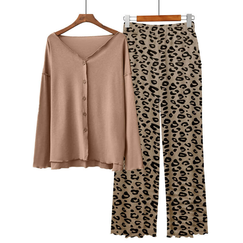 NURO Women's Leopard Print Modal Loungewear Set, Long Sleeve V-Neck Sleepwear, Trendy Comfortable Pajamas for Spring and Fall