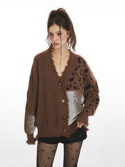 NURO Women's Leopard Print Open Front Cardigan, V-Neck Long Sleeve Knit Sweater with Fringe Detail