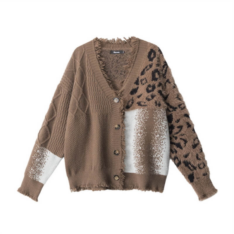 NURO Women's Leopard Print Open Front Cardigan, V-Neck Long Sleeve Knit Sweater with Fringe Detail