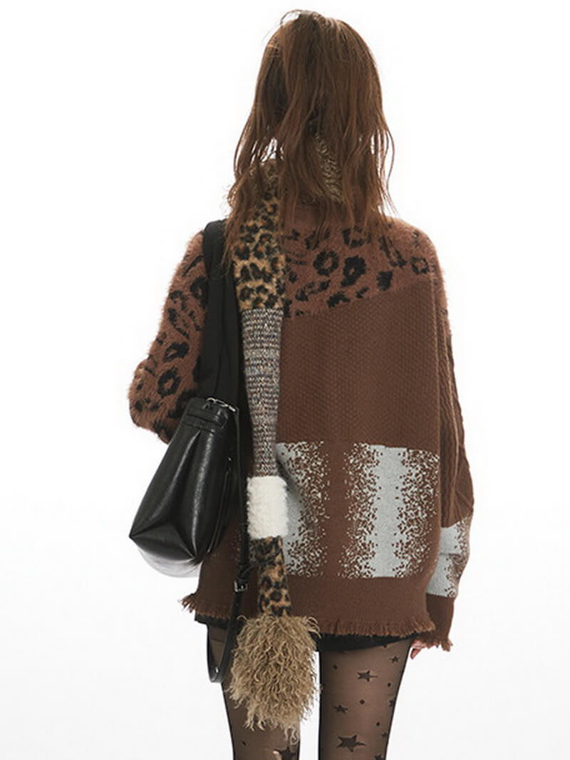 NURO Women's Leopard Print Open Front Cardigan, V-Neck Long Sleeve Knit Sweater with Fringe Detail