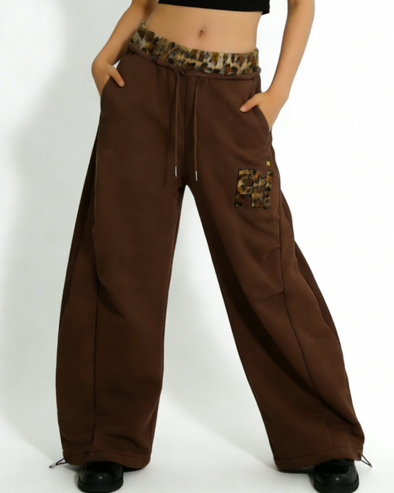 NURO Women's Leopard Print Patchwork Wide Leg Pants, Retro Loose Fit Trousers for Fall and Dance