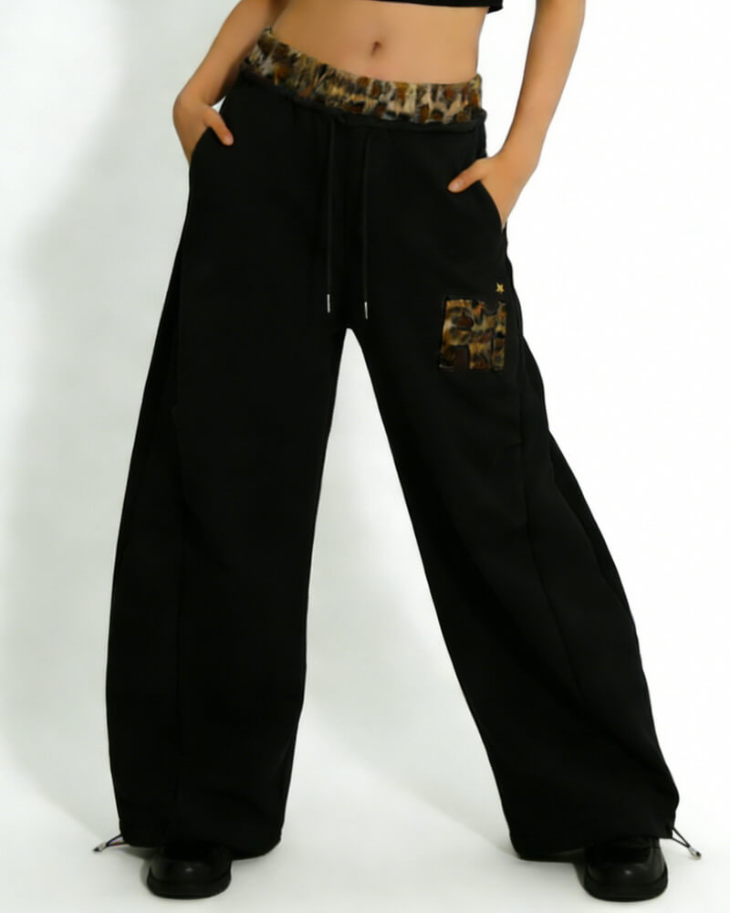 NURO Women's Leopard Print Patchwork Wide Leg Pants, Retro Loose Fit Trousers for Fall and Dance