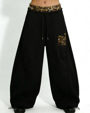 NURO Women's Leopard Print Patchwork Wide Leg Pants, Retro Loose Fit Trousers for Fall and Dance