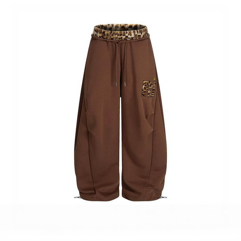 NURO Women's Leopard Print Patchwork Wide Leg Pants, Retro Loose Fit Trousers for Fall and Dance