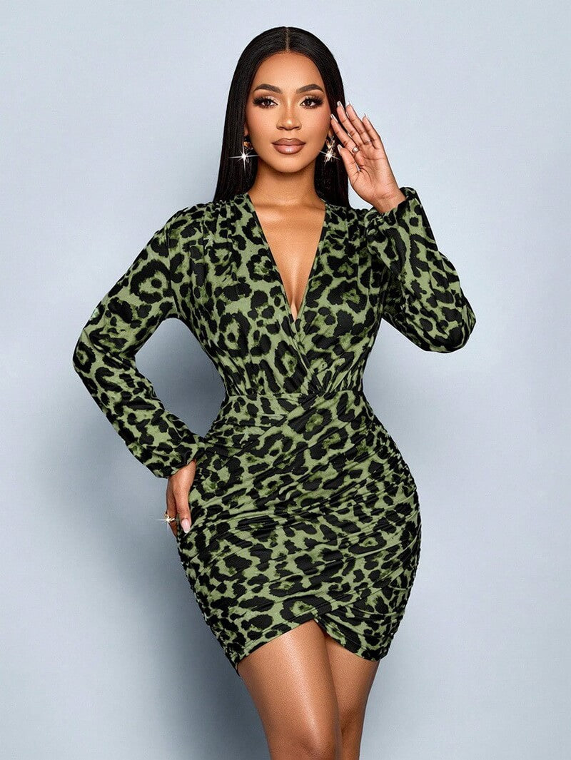 NURO Women's Leopard Print Satin Maxi Dress, Long Sleeve V-Neck Evening Gown