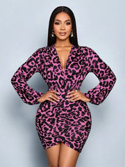 NURO Women's Leopard Print Satin Maxi Dress, Long Sleeve V-Neck Evening Gown