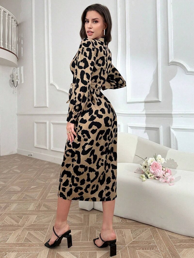 NURO Women's Leopard Print Satin Maxi Dress, Long Sleeve Wrap Style Evening Gown