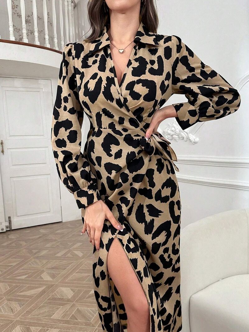NURO Women's Leopard Print Satin Maxi Dress, Long Sleeve Wrap Style Evening Gown