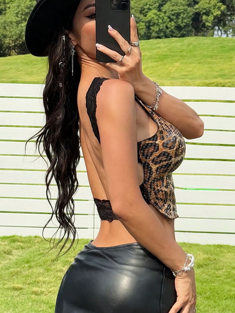 NURO Women's Leopard Print Sequin Lace Crop Top - Halter Neck, Mesh Panel, Bodycon Fit, Sexy Clubwear