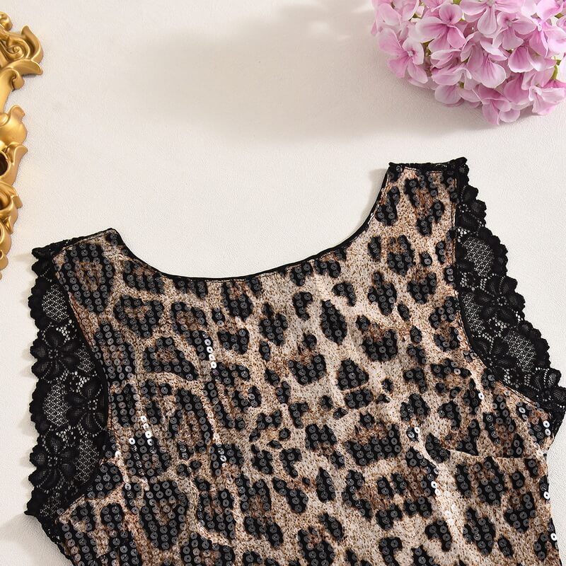 NURO Women's Leopard Print Sequin Lace Crop Top - Halter Neck, Mesh Panel, Bodycon Fit, Sexy Clubwear