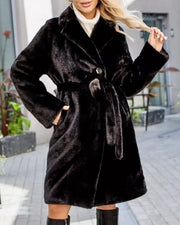 NURO Women's Long Belted Faux Fur Coat – Elegant Blazer Style Trench with Detachable Collar