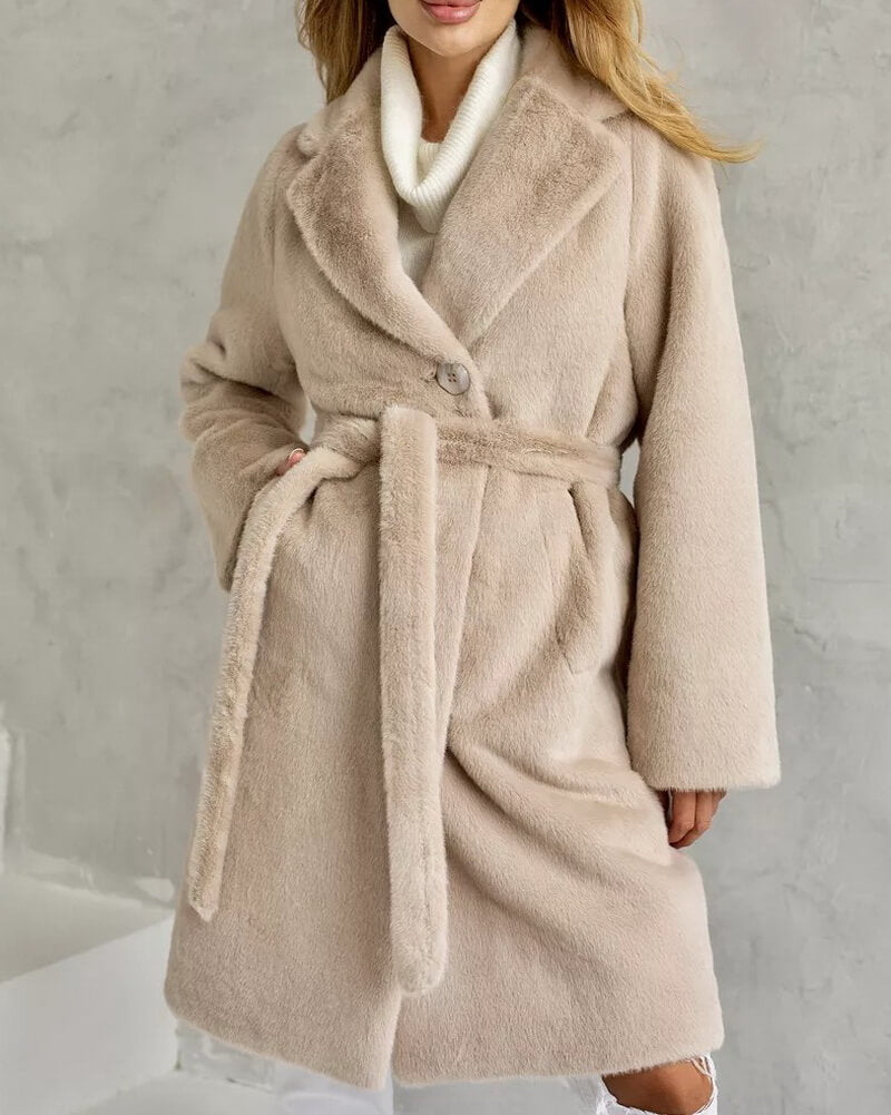 NURO Women's Long Belted Faux Fur Coat – Elegant Blazer Style Trench with Detachable Collar
