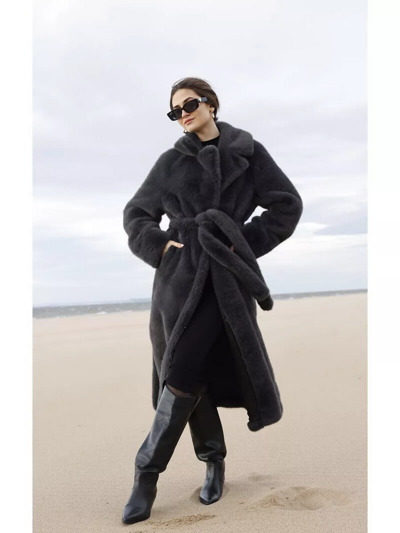 NURO Women's Long Belted Faux Mink Coat, Elegant Notch Collar Maxi Coat, Winter Formal Outerwear