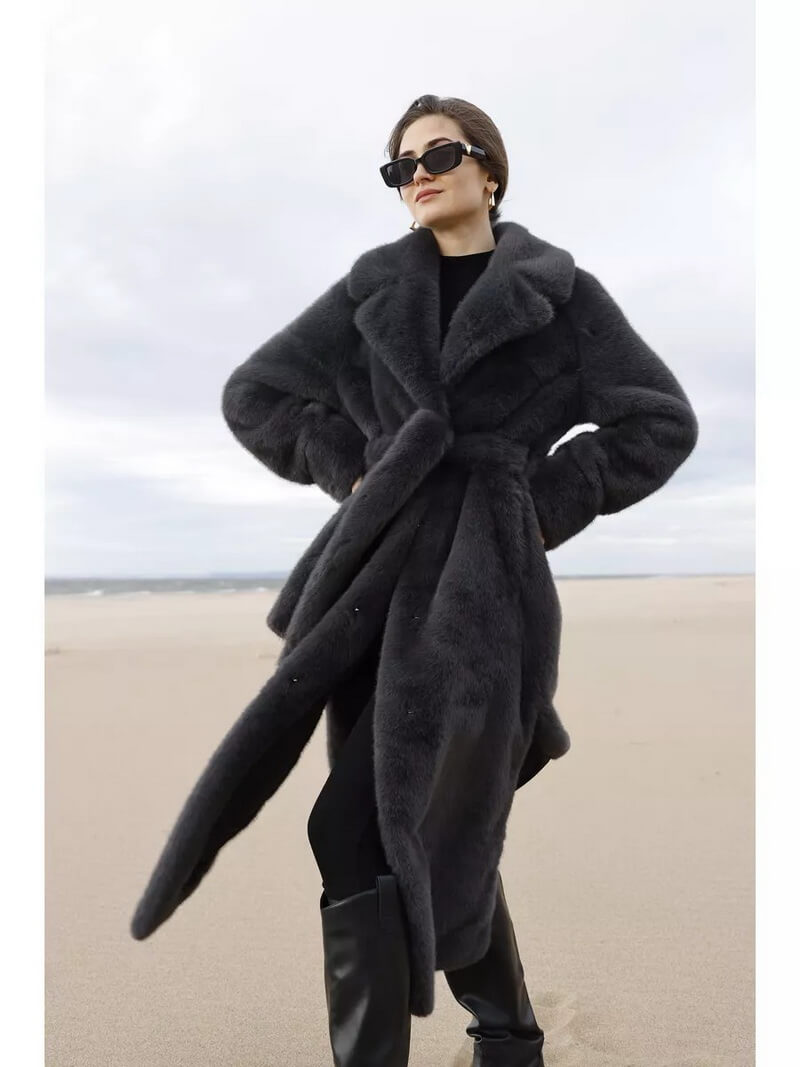 NURO Women's Long Belted Faux Mink Coat, Elegant Notch Collar Maxi Coat, Winter Formal Outerwear
