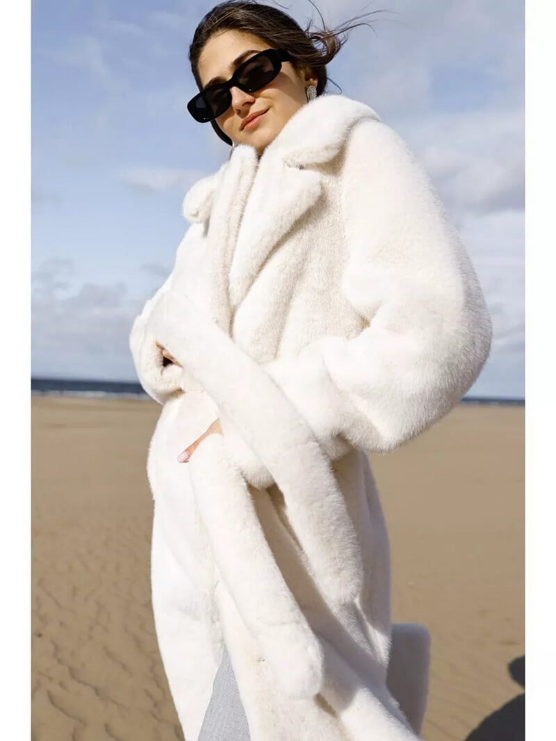 NURO Women's Long Belted Faux Mink Coat, Elegant Notch Collar Maxi Coat, Winter Formal Outerwear