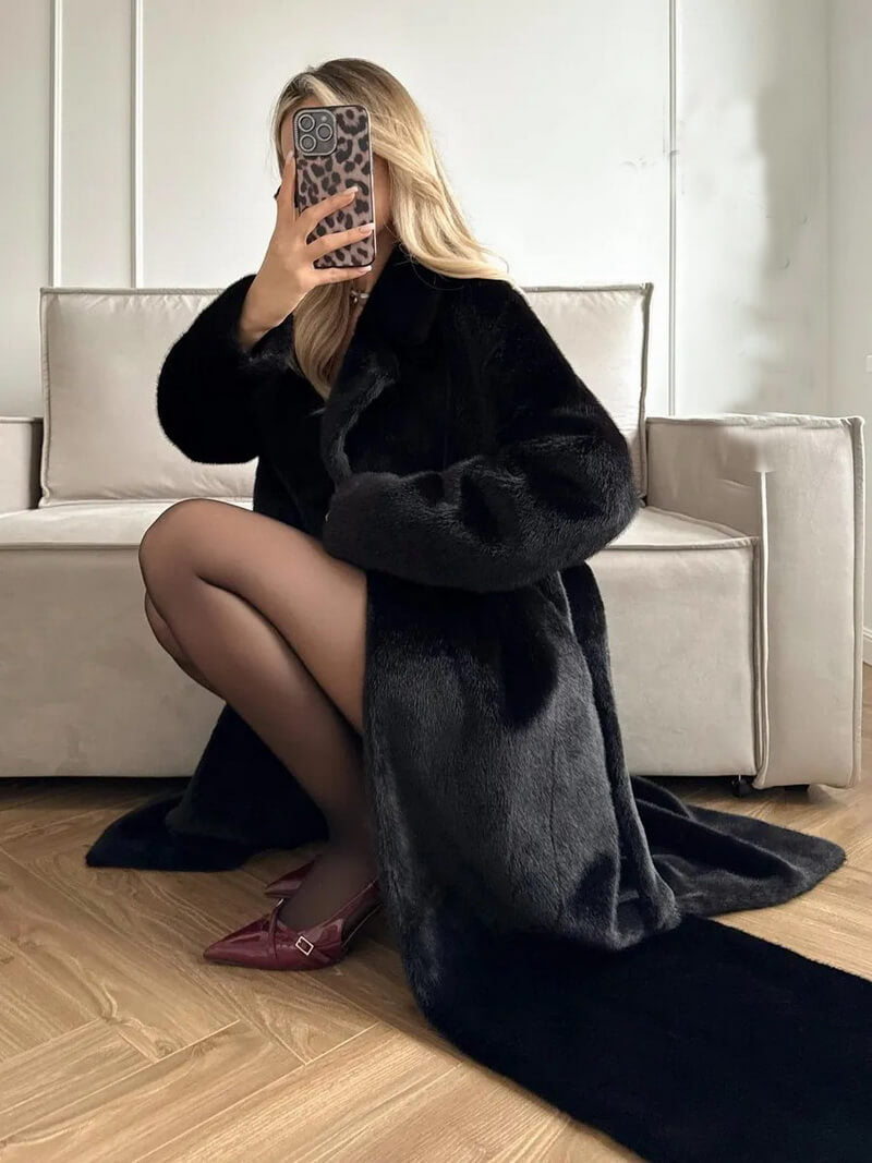 NURO Women's Long Belted Faux Mink Coat, Elegant Notch Collar Maxi Coat, Winter Formal Outerwear