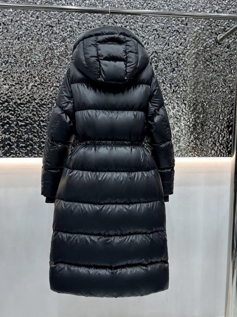 NURO Women's Long Black Gold Trim Down Coat with Waist Belt, Luxury Winter Parka, High-Warmth Hooded Puffer Jacket for Elegant Commute