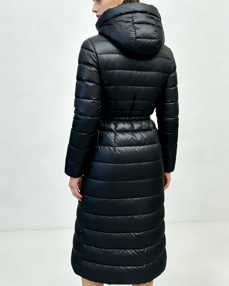 NURO Women's Long Black Gold Trim Down Coat with Waist Belt, Luxury Winter Parka, High-Warmth Hooded Puffer Jacket for Elegant Commute