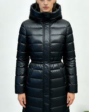 NURO Women's Long Black Gold Trim Down Coat with Waist Belt, Luxury Winter Parka, High-Warmth Hooded Puffer Jacket for Elegant Commute