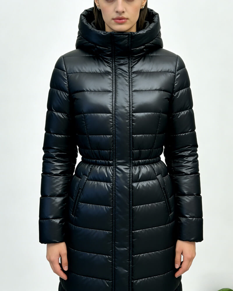 NURO Women's Long Black Gold Trim Down Coat with Waist Belt, Luxury Winter Parka, High-Warmth Hooded Puffer Jacket for Elegant Commute