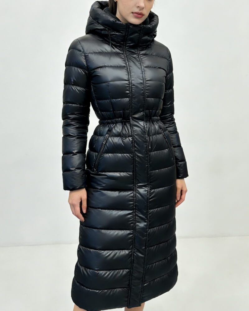 NURO Women's Long Black Gold Trim Down Coat with Waist Belt, Luxury Winter Parka, High-Warmth Hooded Puffer Jacket for Elegant Commute