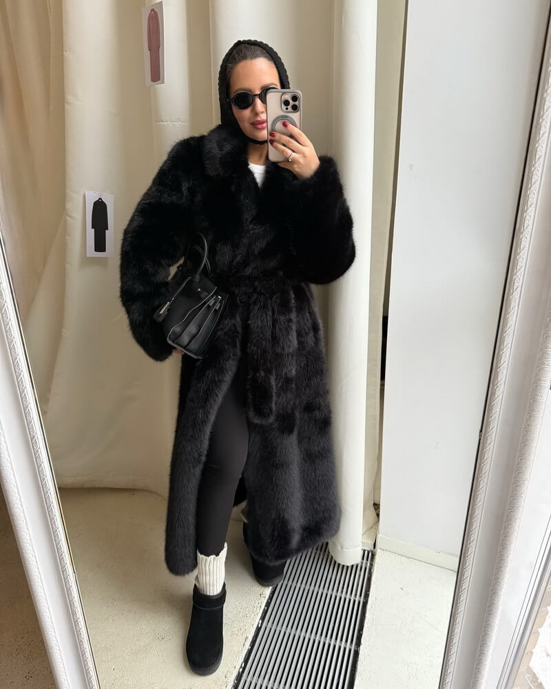 NURO Women's Long Faux Fur Coat - Belted Trench Coat with Faux Fur Collar, Elegant Overcoat for Commute and Evening Wear