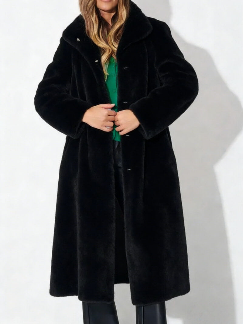 NURO Women's Long Faux Fur Coat with Detachable Collar – Warm Elegant Outerwear, Plus Size Available