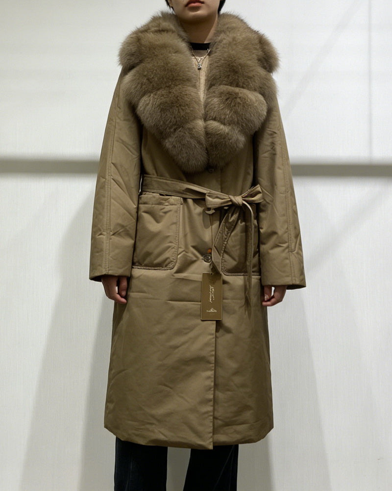 NURO Women's Long Hooded Down Coat with Detachable Fox Fur Collar, Belted Winter Parka, Warm Puffer Jacket for Casual & Outdoor