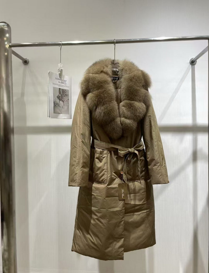 NURO Women's Long Hooded Down Coat with Detachable Fox Fur Collar, Belted Winter Parka, Warm Puffer Jacket for Casual & Outdoor