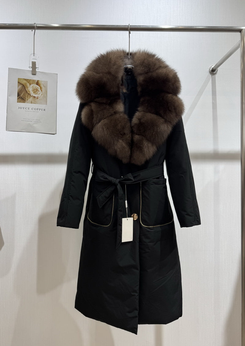 NURO Women's Long Hooded Down Coat with Detachable Fox Fur Collar, Belted Winter Parka, Warm Puffer Jacket for Casual & Outdoor