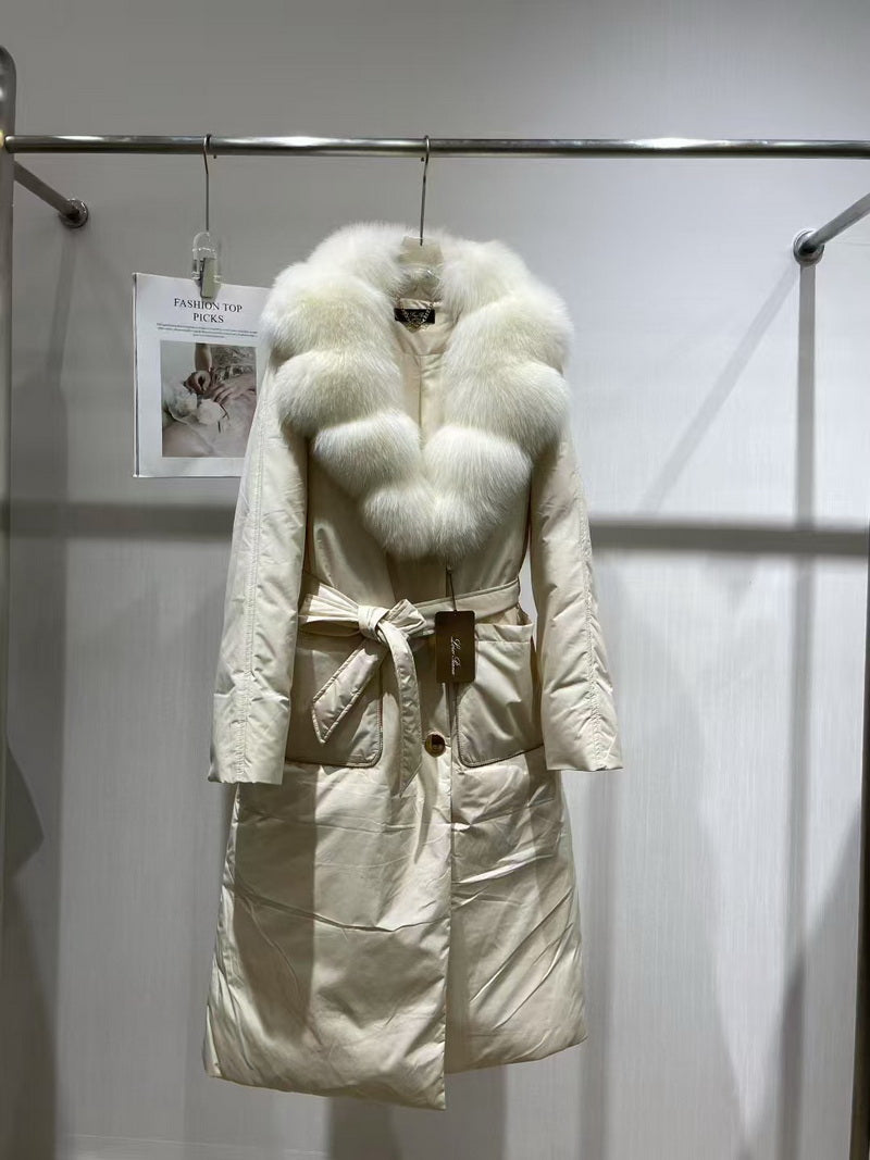 NURO Women's Long Hooded Down Coat with Detachable Fox Fur Collar, Belted Winter Parka, Warm Puffer Jacket for Casual & Outdoor