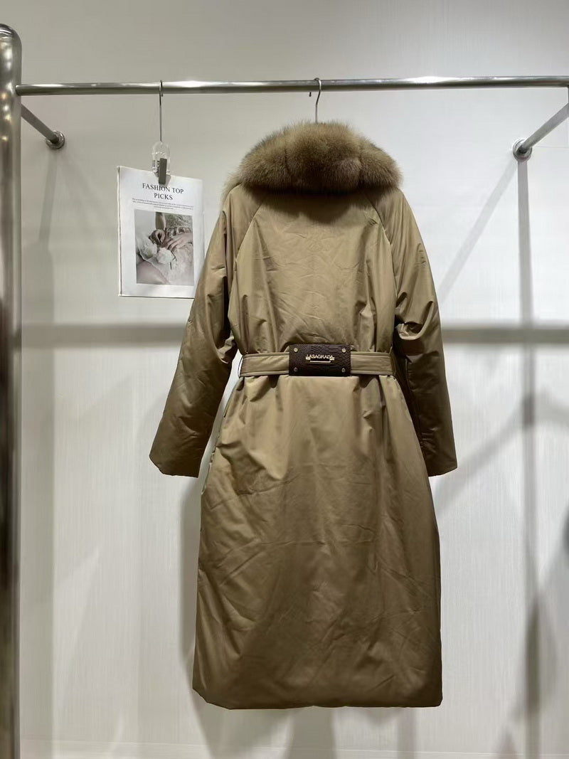 NURO Women's Long Hooded Down Coat with Detachable Fox Fur Collar, Belted Winter Parka, Warm Puffer Jacket for Casual & Outdoor