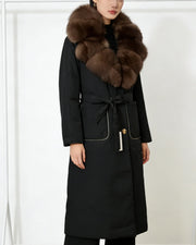 NURO Women's Long Hooded Down Coat with Detachable Fox Fur Collar, Belted Winter Parka, Warm Puffer Jacket for Casual & Outdoor