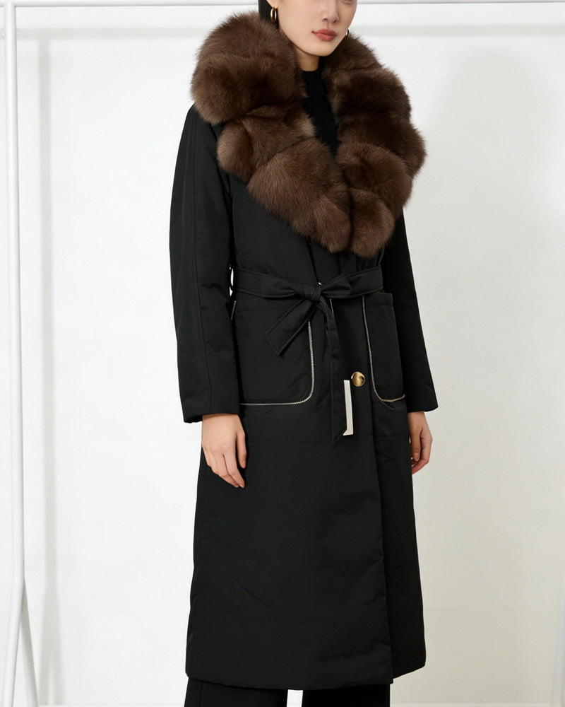 NURO Women's Long Hooded Down Coat with Detachable Fox Fur Collar, Belted Winter Parka, Warm Puffer Jacket for Casual & Outdoor