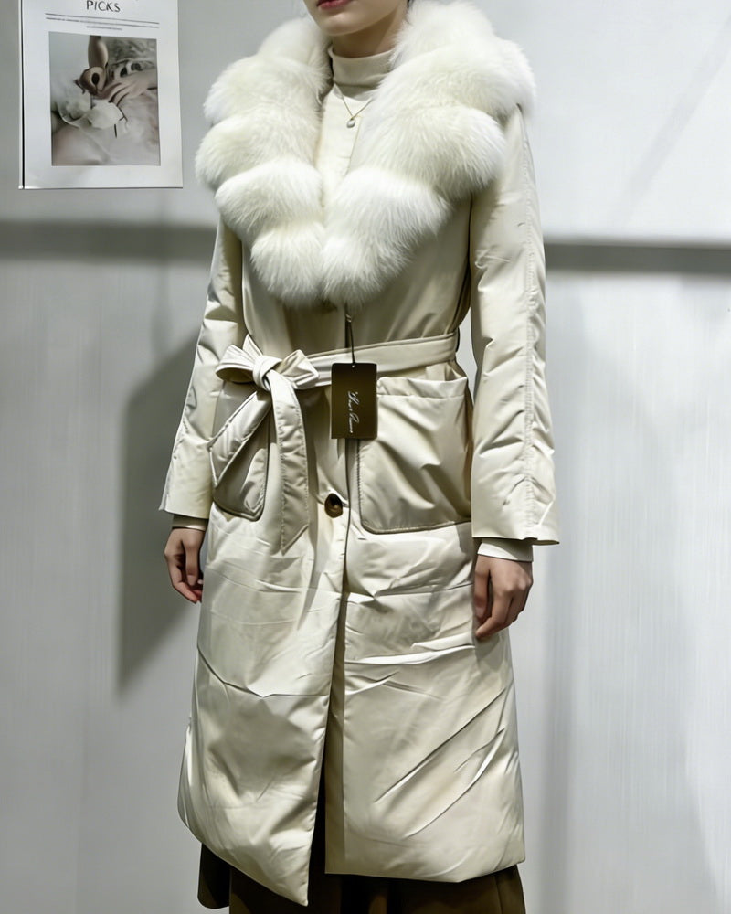 NURO Women's Long Hooded Down Coat with Detachable Fox Fur Collar, Belted Winter Parka, Warm Puffer Jacket for Casual & Outdoor