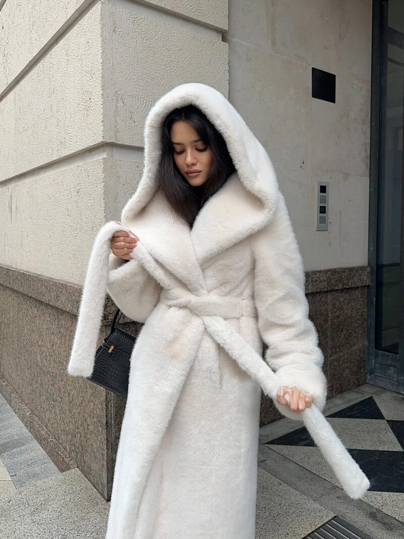 NURO Women's Long Hooded Faux Fur Coat, Street Style Belted Maxi Jacket, Hip Hop Winter Outerwear
