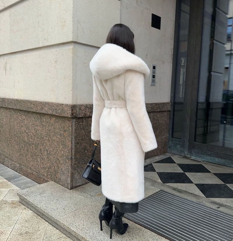 NURO Women's Long Hooded Faux Fur Coat, Street Style Belted Maxi Jacket, Hip Hop Winter Outerwear