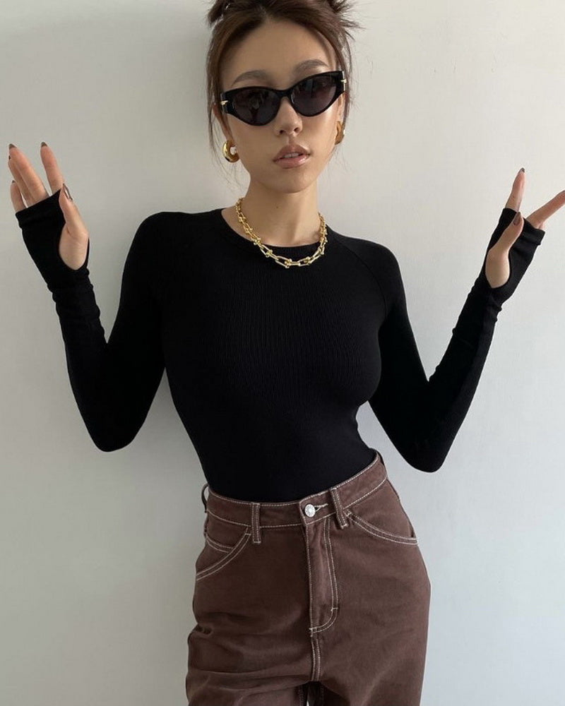 NURO Women's Long Sleeve Bodysuit Round Neck Jumpsuit Slim Fit T-Shirt