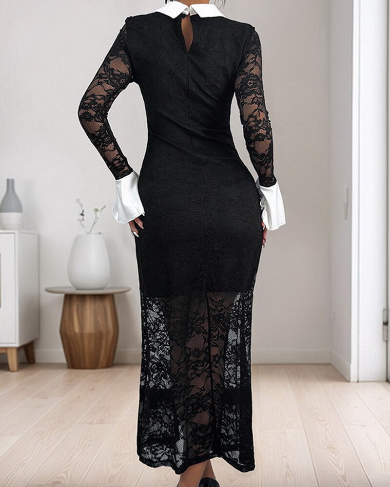 NURO Women's Long Sleeve Lace Trim Midi Dress