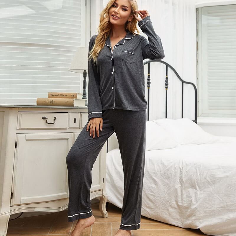 NURO Women's Long Sleeve Loungewear Set, Button-Front Cardigan and Pants Two-Piece