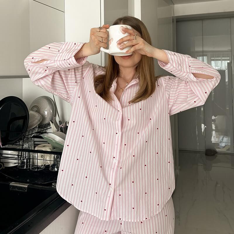 NURO Women's Long Sleeve Striped Loungewear Set - Casual Two Piece Pajama Set with Collar, Comfortable Home and Outdoor Wear