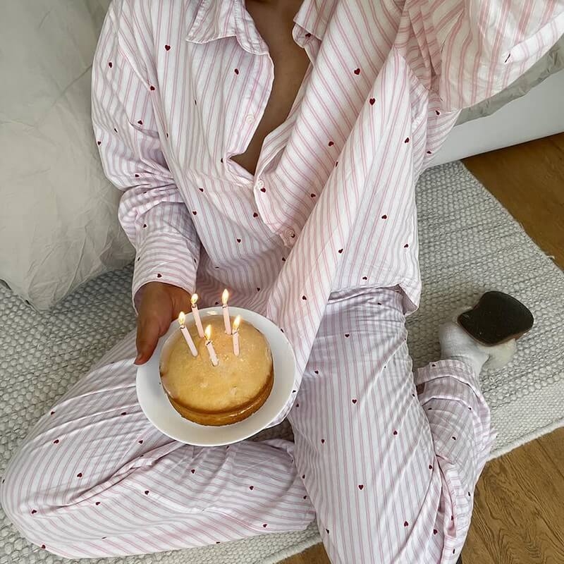 NURO Women's Long Sleeve Striped Loungewear Set - Casual Two Piece Pajama Set with Collar, Comfortable Home and Outdoor Wear