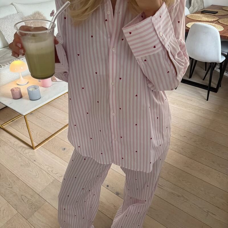 NURO Women's Long Sleeve Striped Loungewear Set - Casual Two Piece Pajama Set with Collar, Comfortable Home and Outdoor Wear