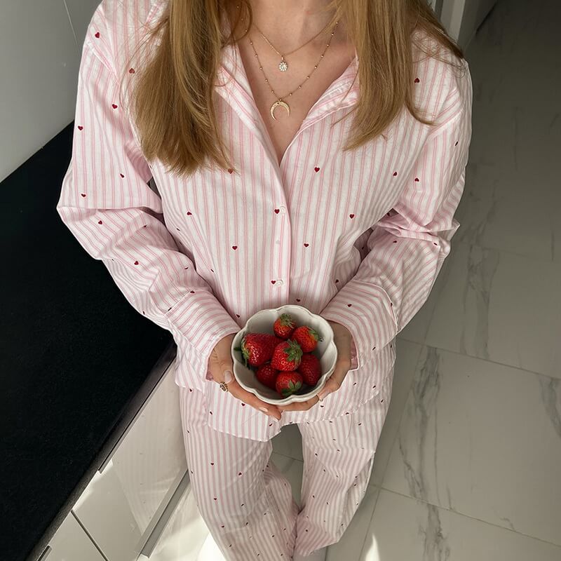 NURO Women's Long Sleeve Striped Loungewear Set - Casual Two Piece Pajama Set with Collar, Comfortable Home and Outdoor Wear