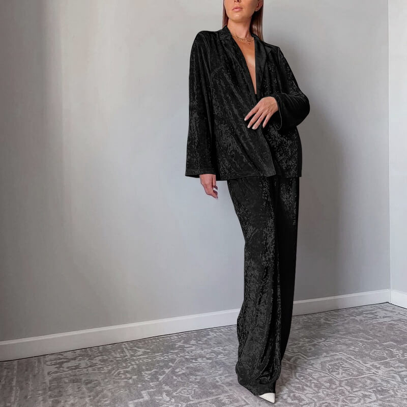 NURO Women's Long Sleeve Velvet Loungewear Set - Thick Velvet Pajama Set with Gold-Diamond Velvet Fabric, Home Wear Sleepwear for Women