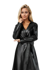 NURO Women's Long Trench Robe Coat, Wrinkle-Resistant PU Leather Outerwear