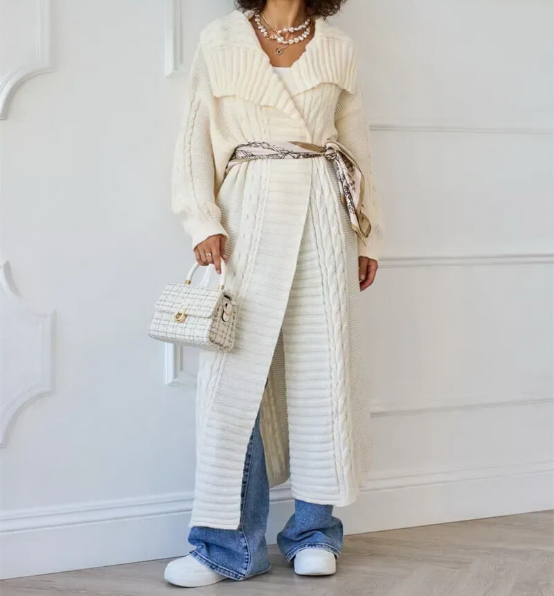 NURO Women's Longline Knit Cardigan, V-Neck Open Front Sweater Coat, Oversized Cable Knit Duster