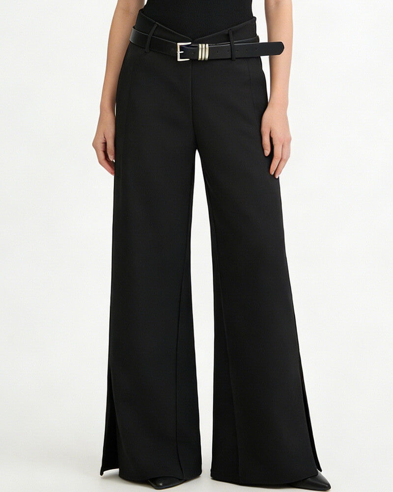 NURO Women's Low-Rise Trousers, V-Waist Belted Wide Leg Pants